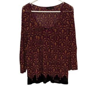 Boho Print Blouse Medium Burgundy Gold Flowy Peasant Top Apt 9 Fall Vibes